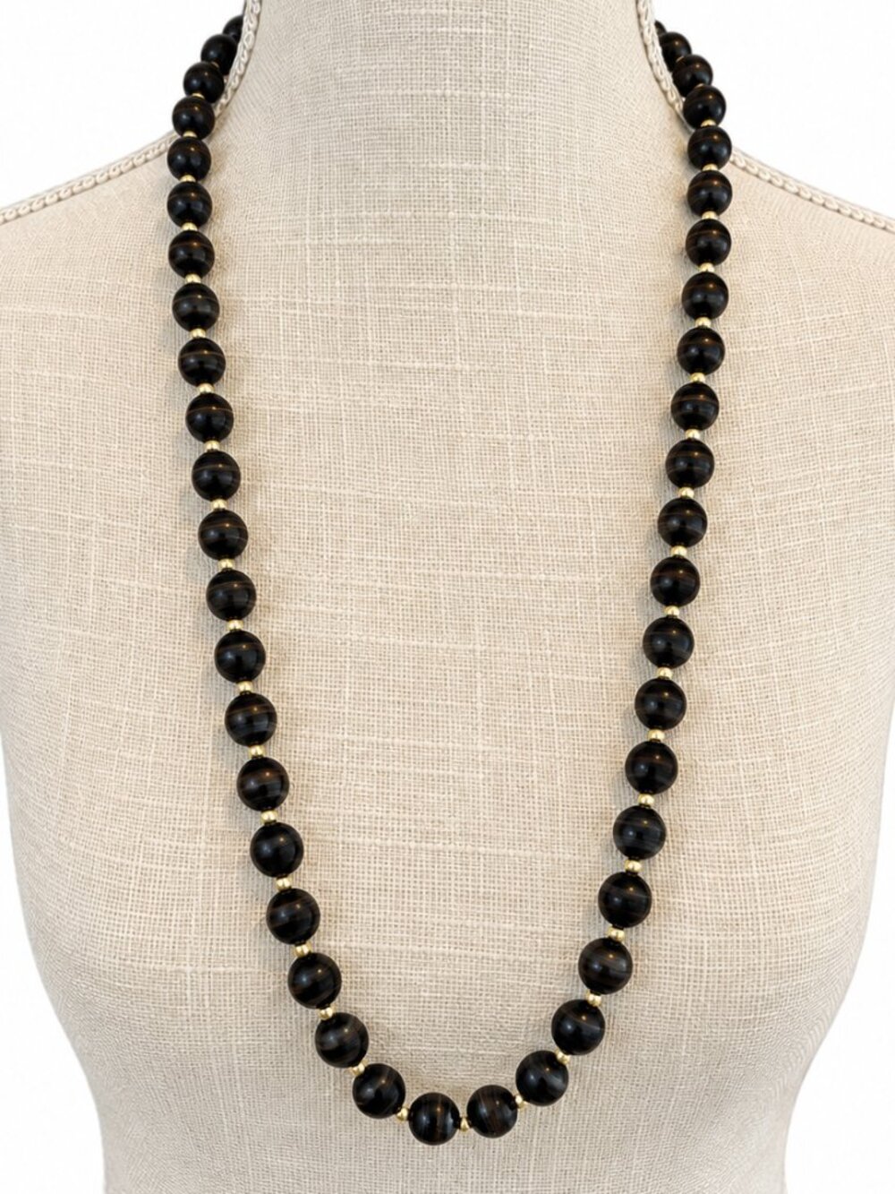 Black Silk Thread Beaded Necklace Gold Tone Spacers 30"